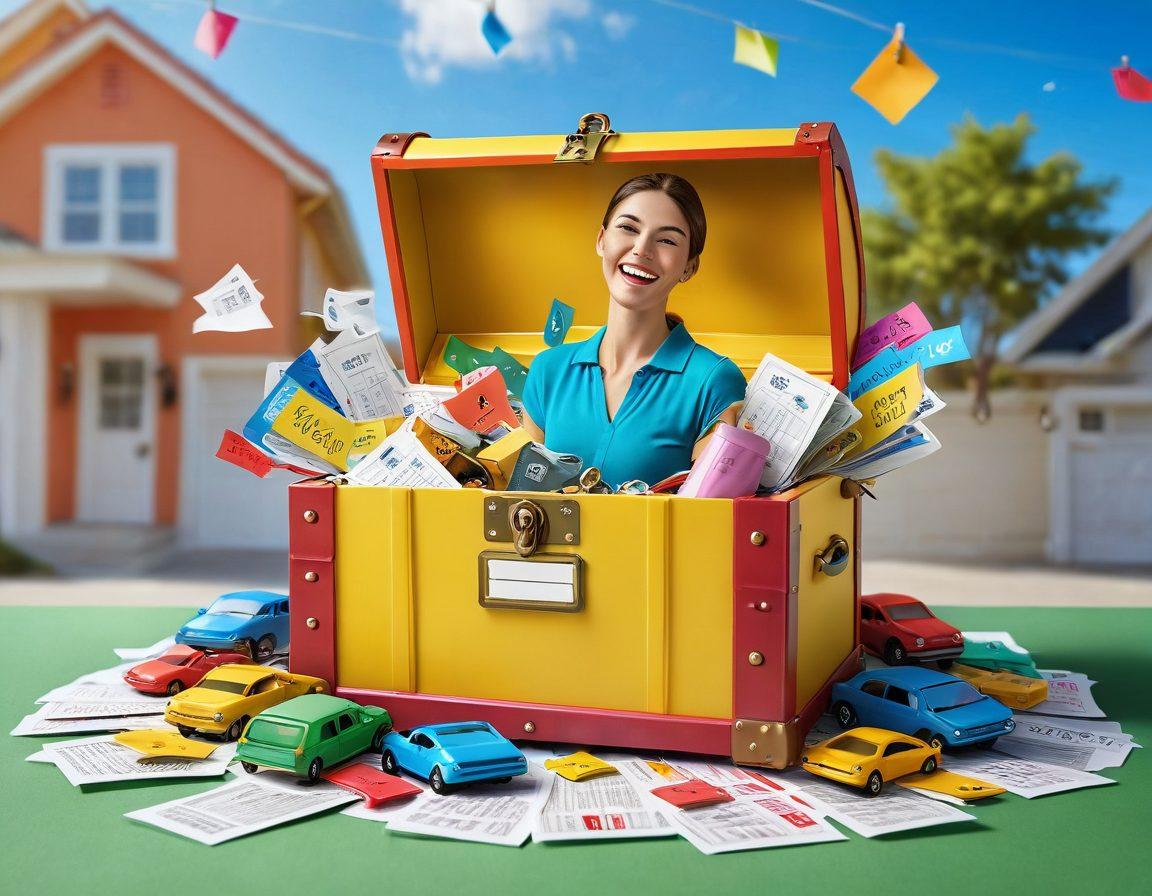 A bright and engaging scene of a person happily uncovering car insurance discounts from a treasure chest, with colorful percentage tags floating around. The background features a sunny day with a parked car, symbolizing affordability and savings. Include visual elements like a checklist and a calculator to emphasize the step-by-step guide theme. vibrant colors. super-realistic.