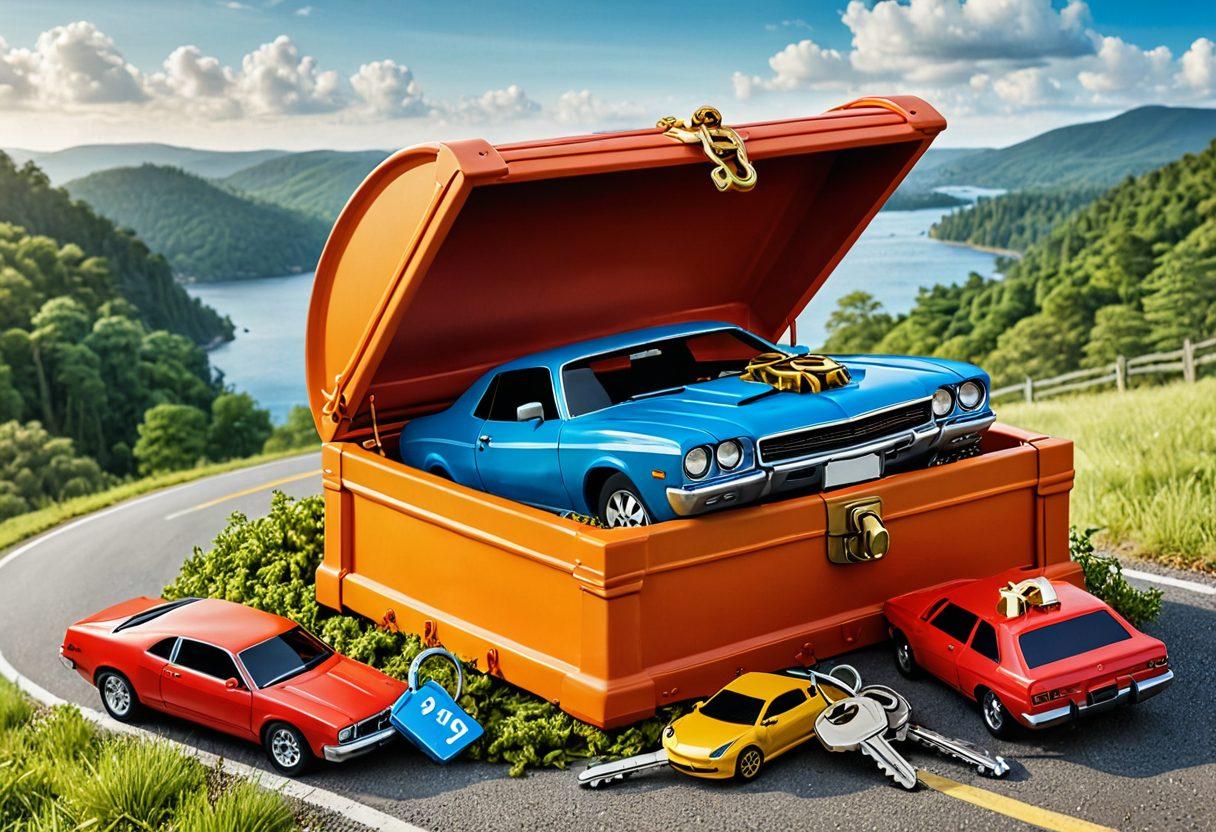 A visually engaging illustration of a key unlocking a treasure chest filled with different car insurance symbols like dollar signs, cars, and discount tags. The background should feature a road winding through a scenic landscape, symbolizing the journey to find affordable car insurance. Bright colors to convey optimism and clarity in navigating insurance options. super-realistic. vibrant colors. white background.