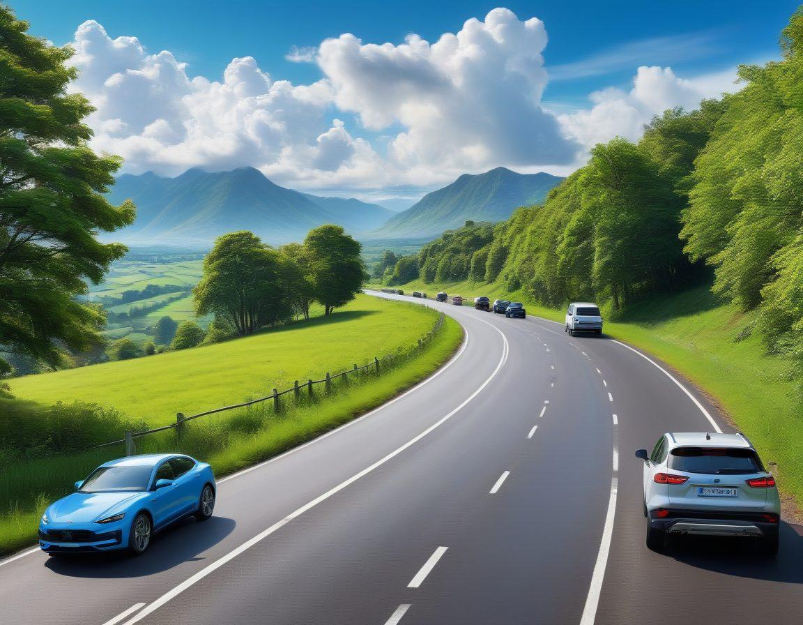 A tranquil road winding through a lush green landscape, with various vehicles like cars and motorcycles showcasing diverse insurance coverage options, laid out like a path of choices. The background features a calm blue sky with fluffy clouds, symbolizing peace of mind, while icons of protection like shields and checkmarks are subtly integrated into the scene. Add splashes of vibrant colors for a welcoming feel. super-realistic. vibrant colors.